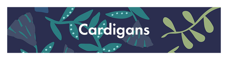 A blue pattern with the word “Cardigans” in white.