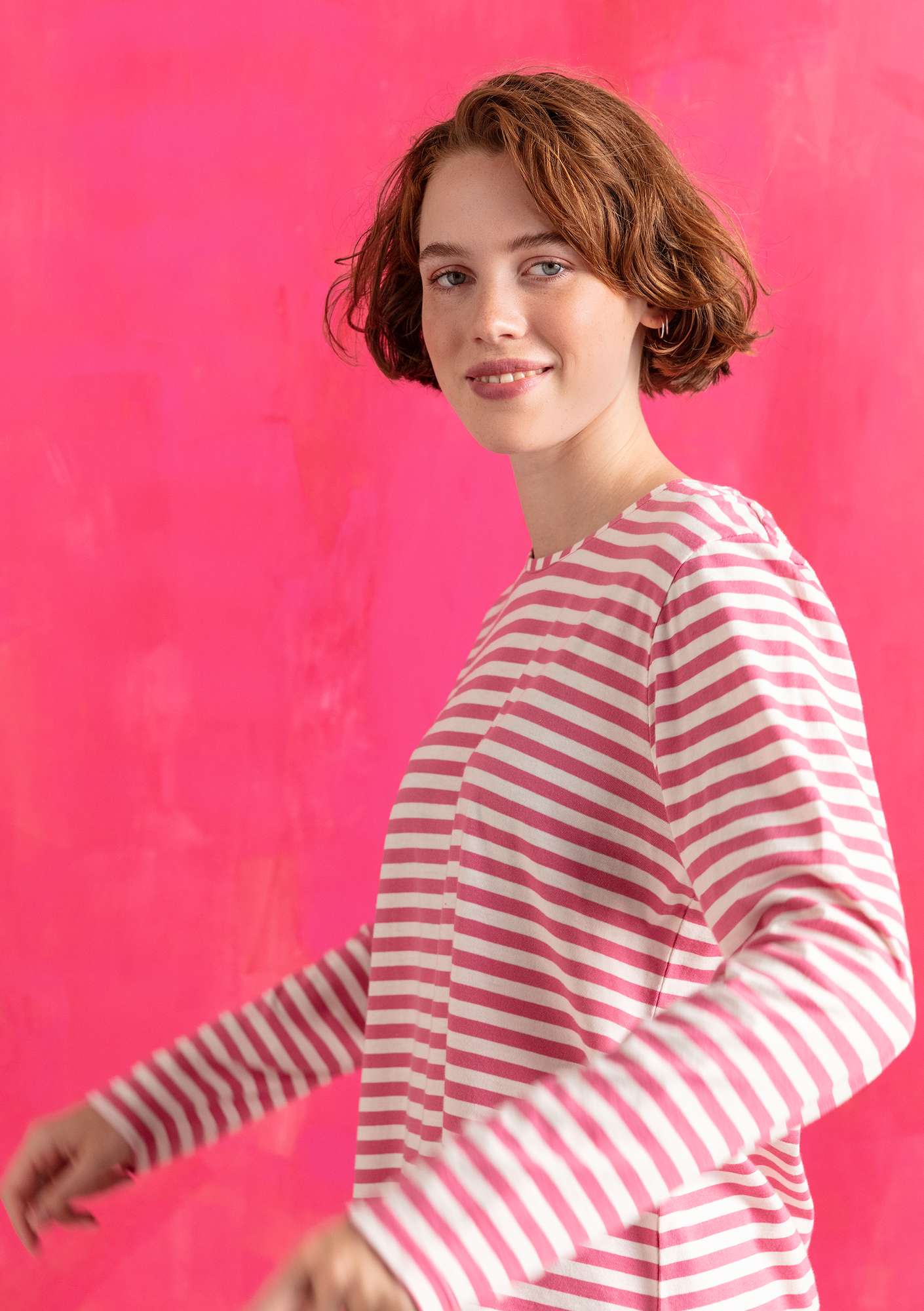 Organic cotton essential striped sweater flamingo/ecru thumbnail