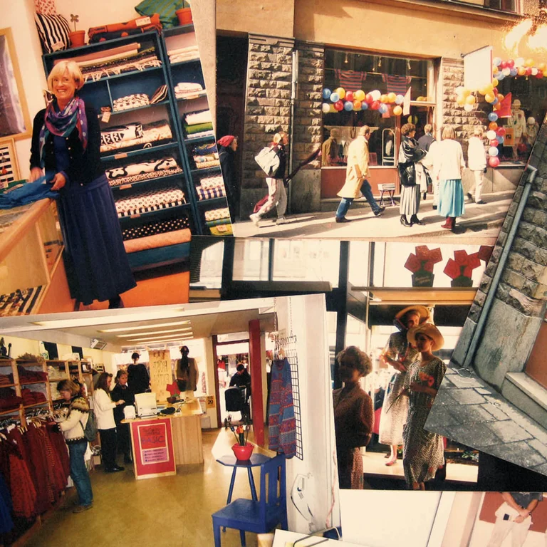 A collage of pictures from Gudrun Sjödén’s store on Götgatan in Stockholm.