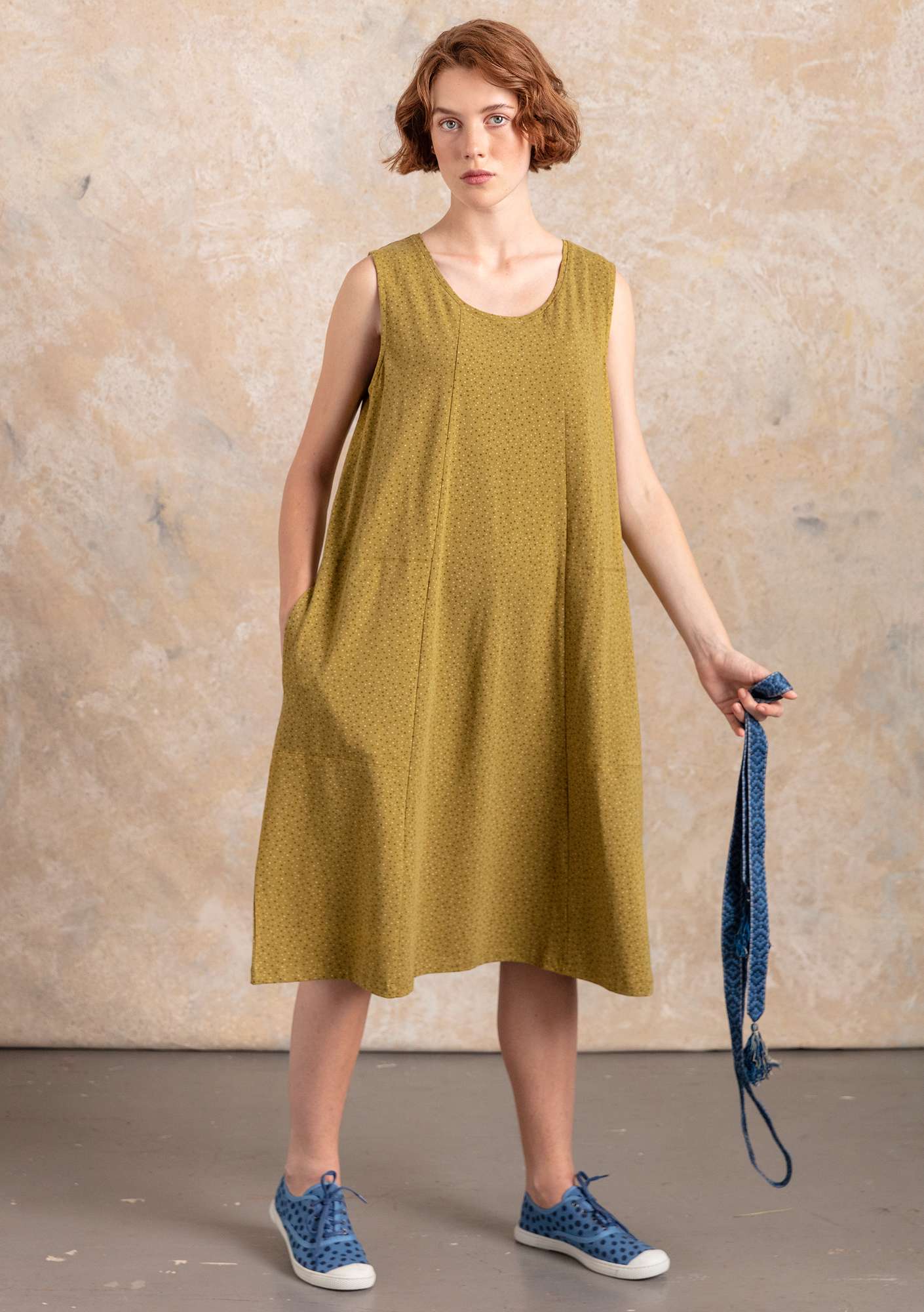Trikåklänning  Iliana  i ekologisk bomull/elastan oliv/mönstrad