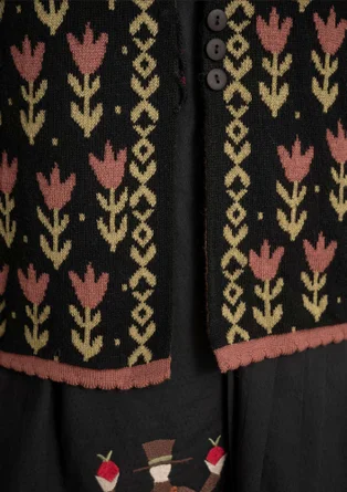 Geblümte Strickjacke „Tulipan“ aus Lammwollmischung/Bio-Baumwolle - schwarz