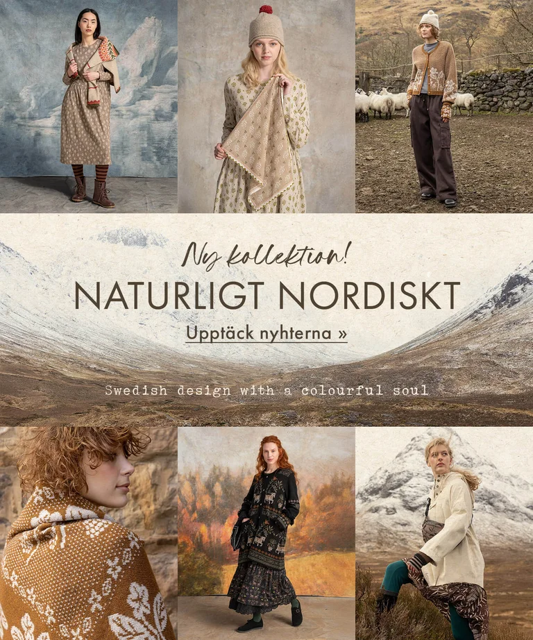 A collage of different sized pictures of women wearing clothes in earthy tones from Gudrun Sjödén’s 2026 Winter collection. The collage includes an image of a mountain landscape.