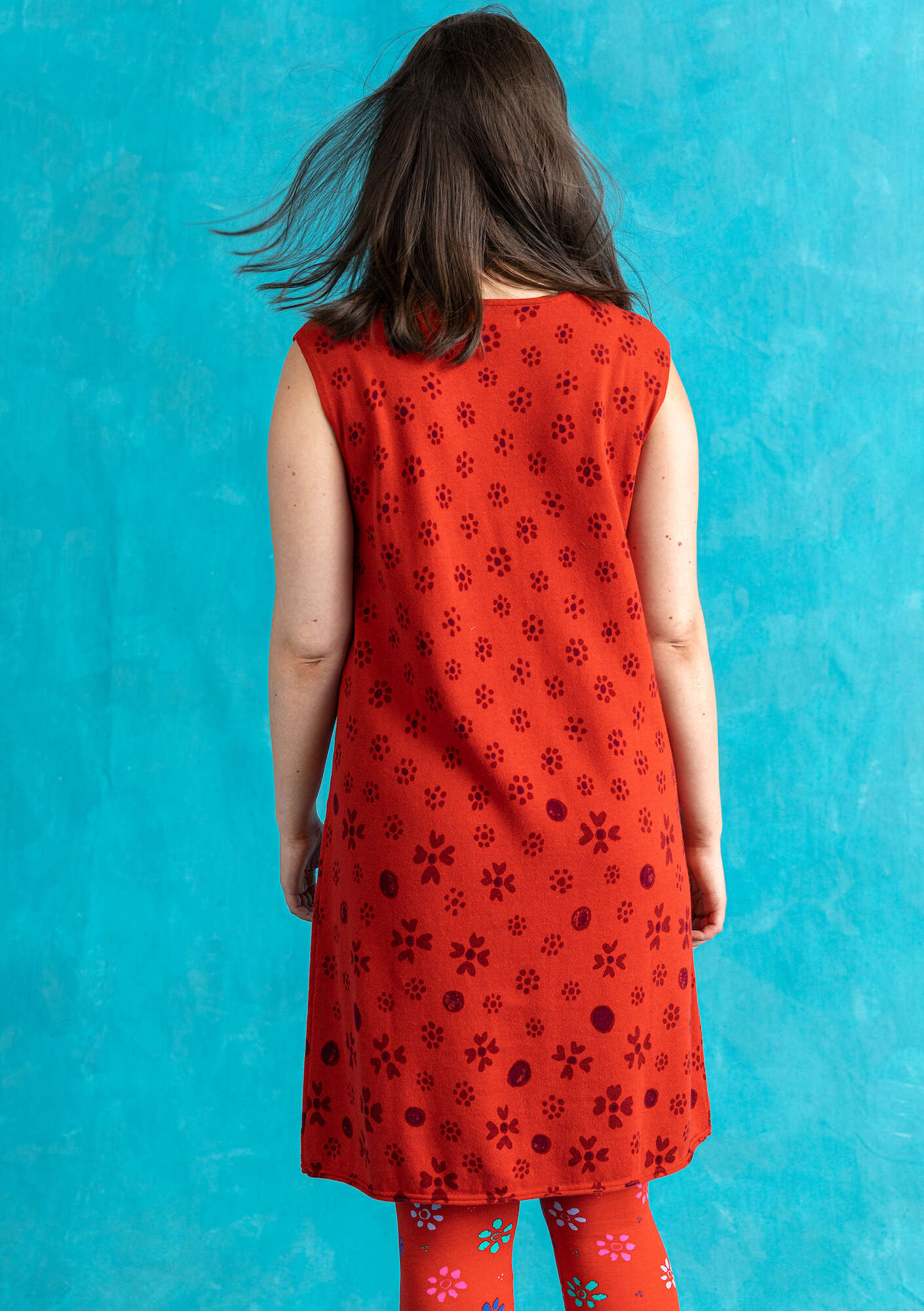 “Iris” knit tunic in organic/recycled cotton parrot red/patterned thumbnail