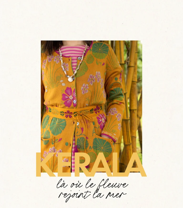 A woman wearing a patterned dress and an open dress from Gudrun Sjödén. 