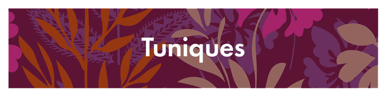 Un motif violet avec le texte « Tuniques » en blanc. 
