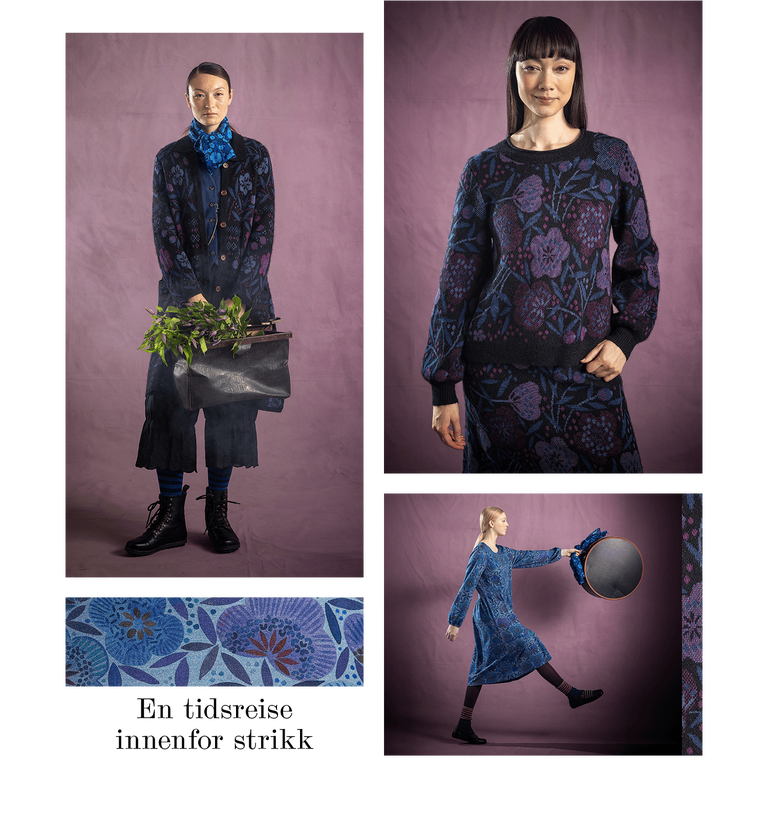 A collage of women wearing clothing from Gudrun Sjödén and a closeup of patterned blue fabric.