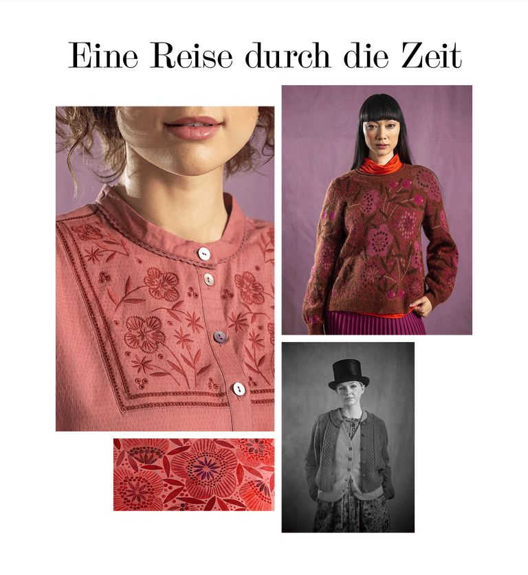 A collage of women wearing clothing from Gudrun Sjödén and a picture that looks like an old photo of a woman in a top hat. The collage also has a closeup of patterned red fabric.