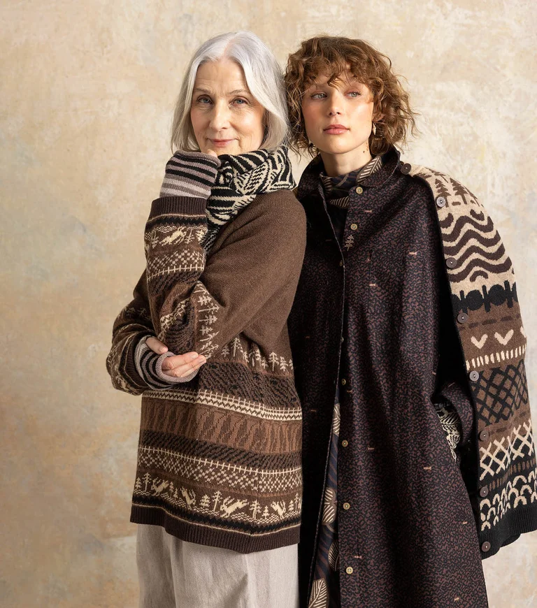 Two women next to each other wearing layers of clothing in shades of brown from Gudrun Sjödén.