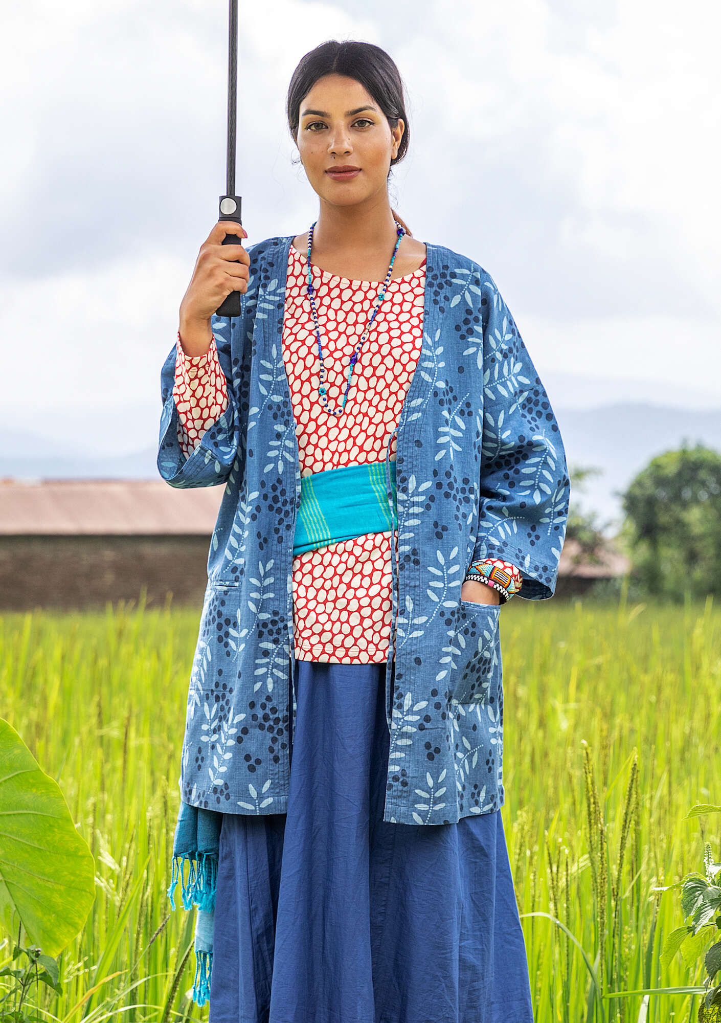 Kimono ”Amaya” ekopuuvillaa/pellavaa pellavansininen thumbnail