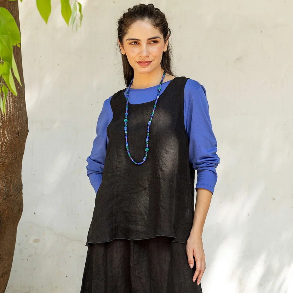 Woven linen trapeze tank top - black