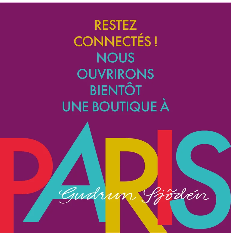 Colourful poster with PARIS written in capital letters and the message “Ouverture d’un nouveau magasin – Gudrun Sjödén” (Opening of a new store – Gudrun Sjödén).