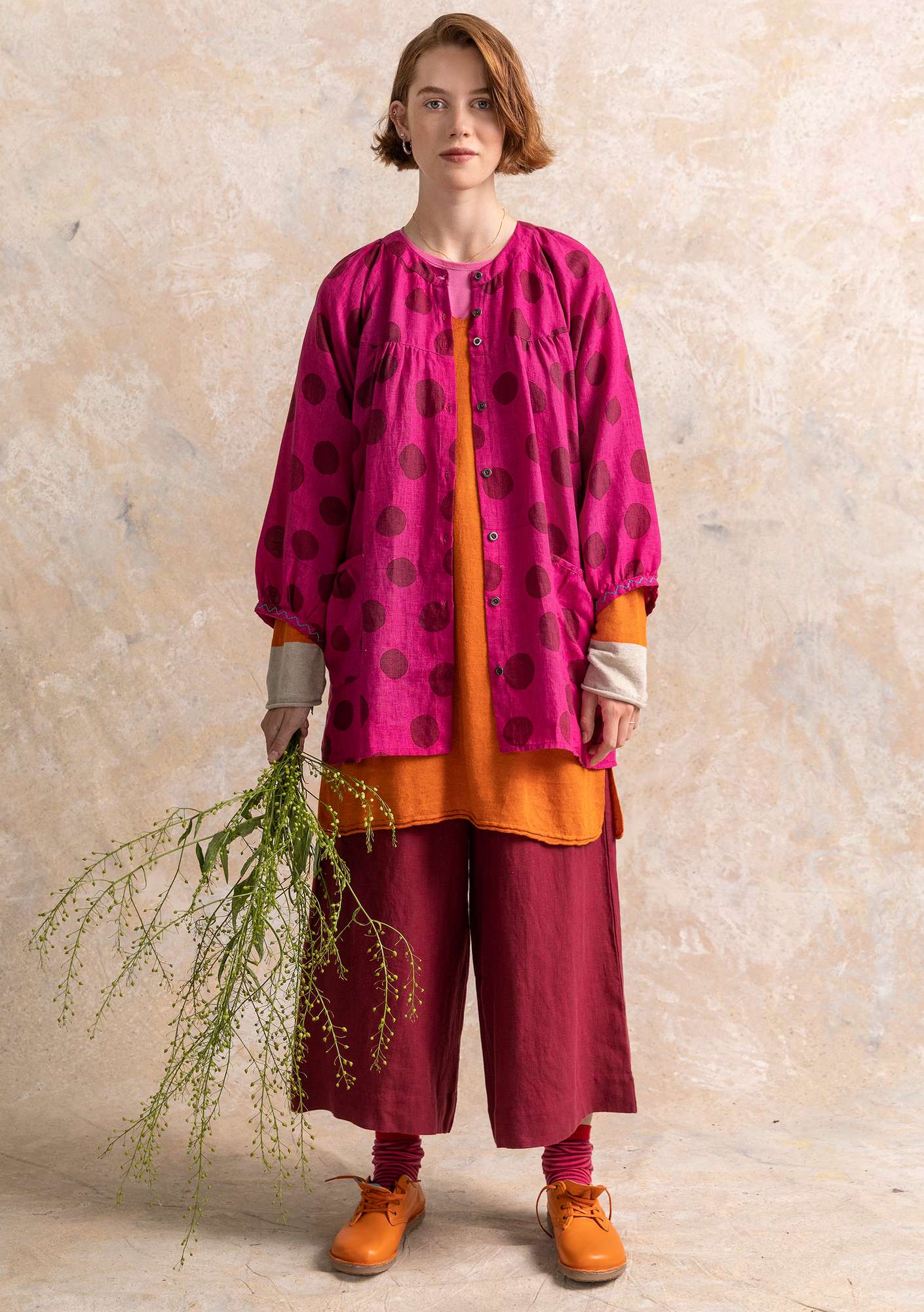 “Amber” linen smock blouse cerise/patterned
