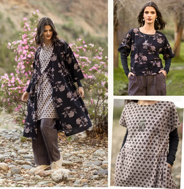 A collage with three different images; one of a woman wearing different clothes in black and beige from Gudrun Sjödén’s “Natural Dyes” collection.