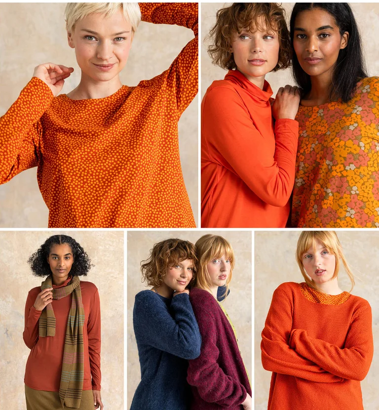 Un collage avec des femmes portant des vêtements basiques signés Gudrun Sjödén.