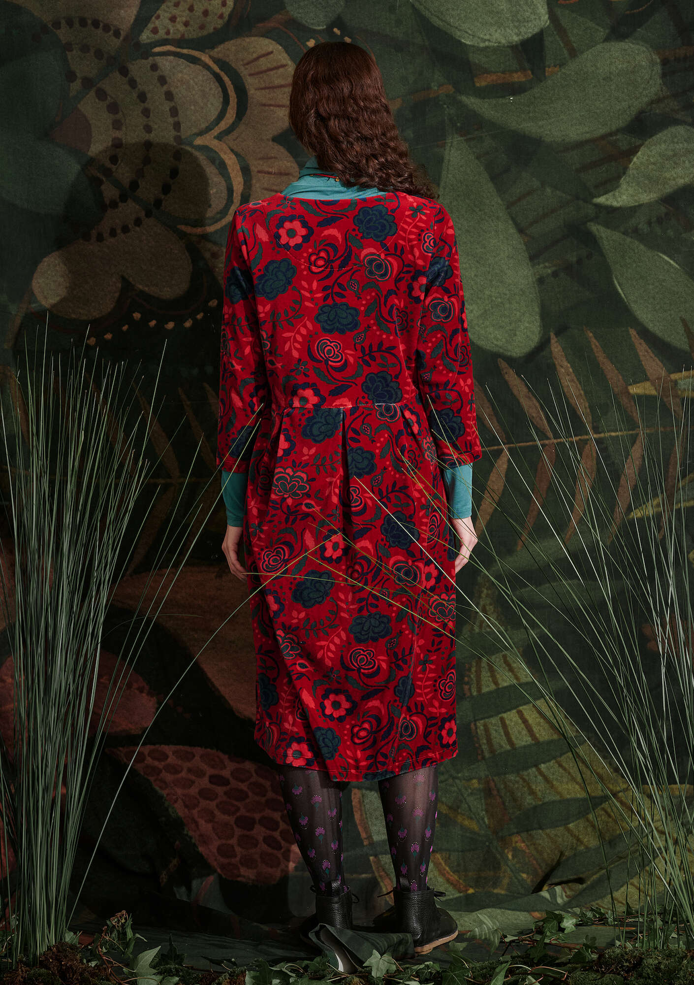 “Orsa” velour dress in organic cotton/recycled polyester tomato/patterned