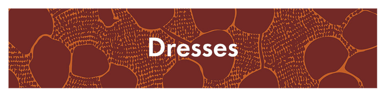 A dark red pattern with the word “Dresses” in white.