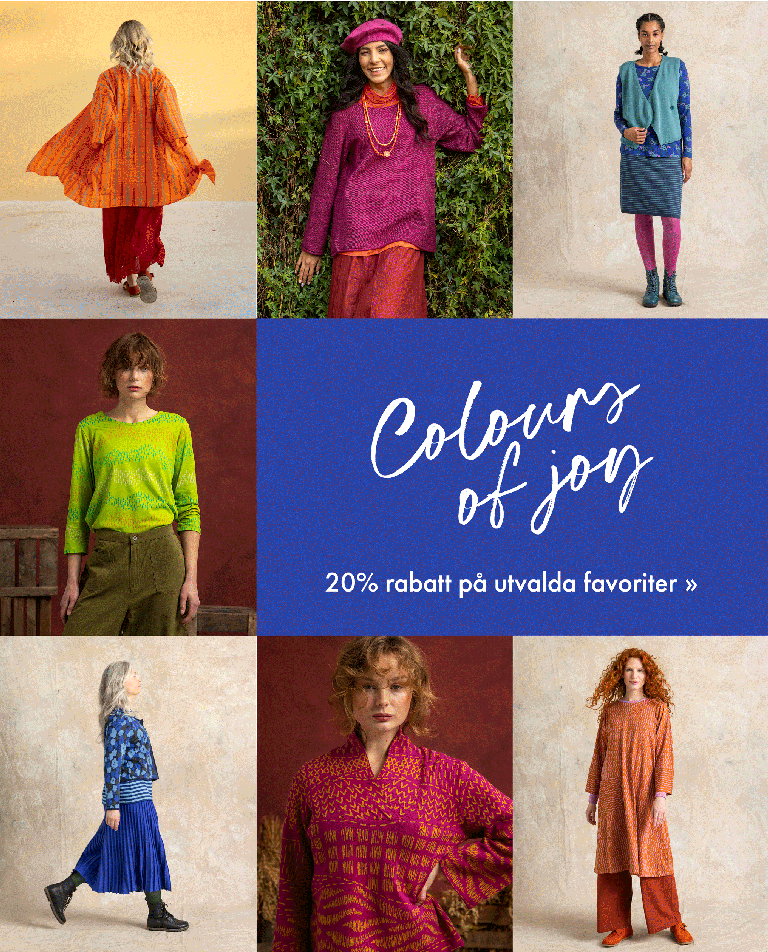 A collage of multiple images of women wearing colourful clothes from Gudrun Sjödén.