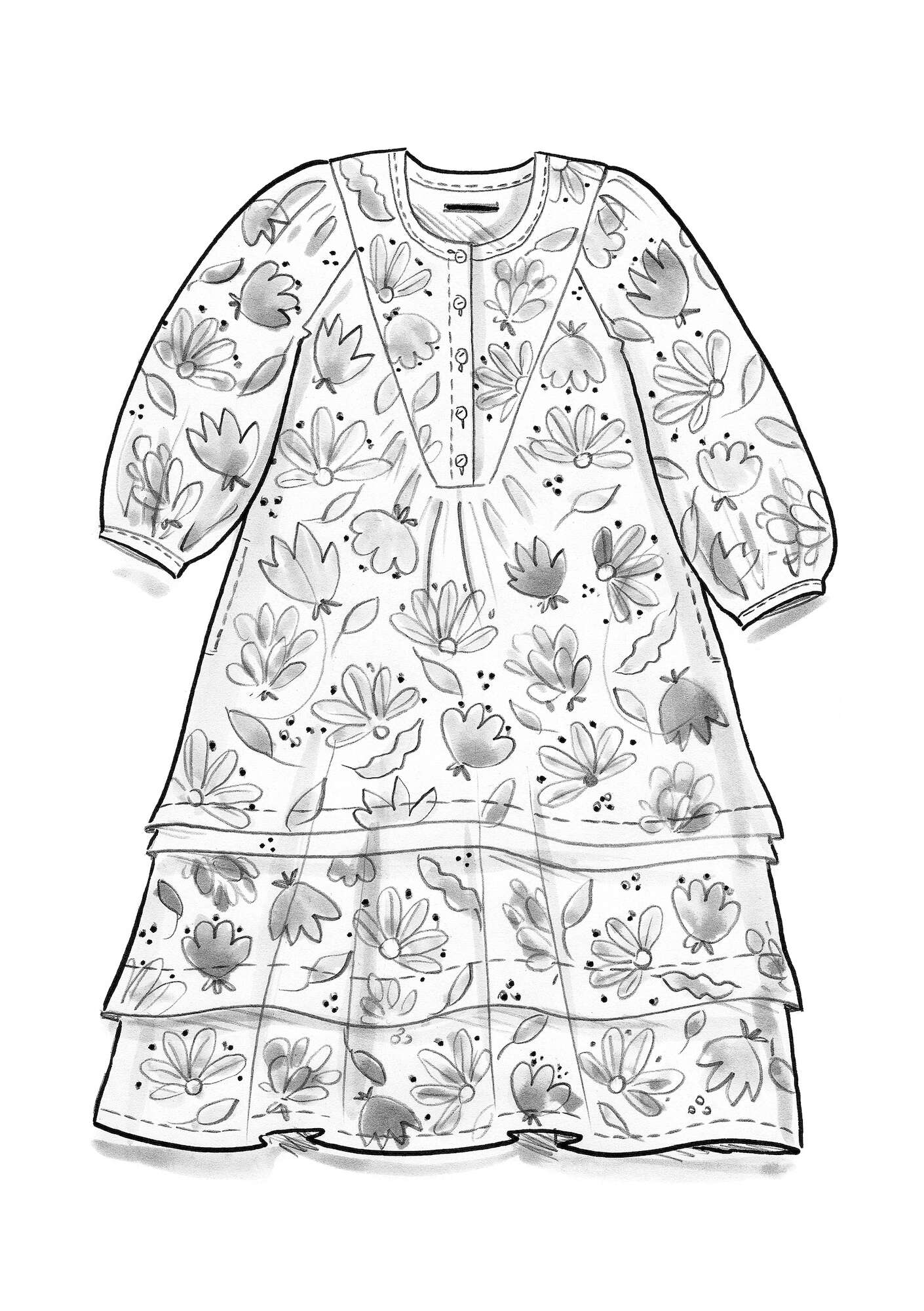 Vävd klänning  Blossom  i ekologisk bomull aubergine/mönstrad