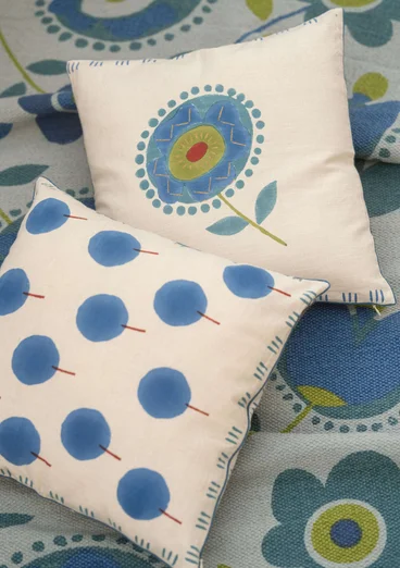 “Tulipanaros” block-printed cushion cover in organic cotton - paris blue