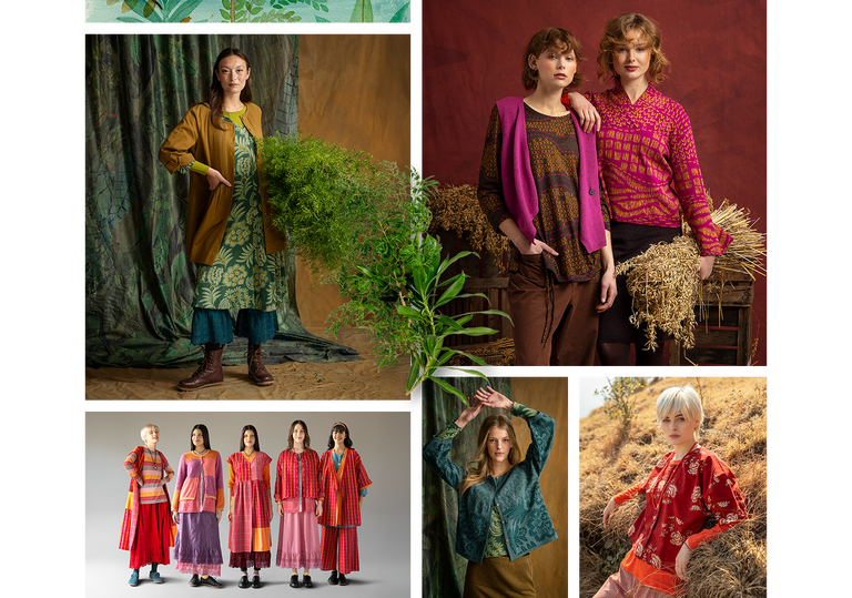 A collage showing women wearing red outerwear from Gudrun Sjödén.