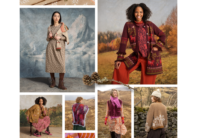 A collage showing women wearing red outerwear from Gudrun Sjödén.