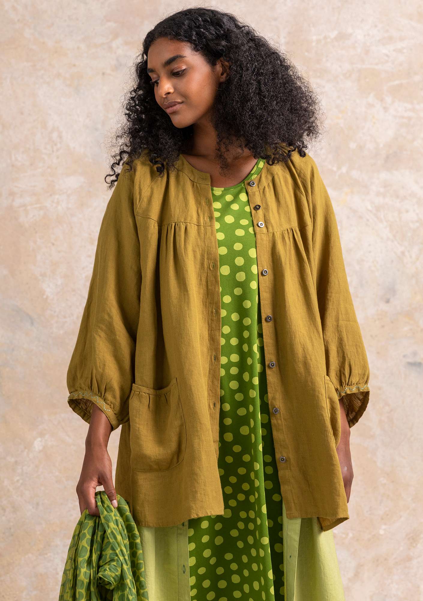 “Amber” linen smock blouse olive