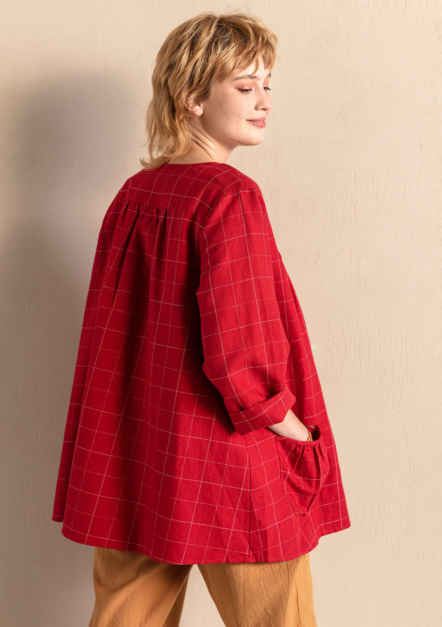 “Greta” woven organic cotton/linen smock blouse poppy thumbnail