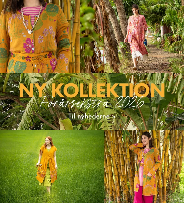 En collage med kvinder iført gult, mønstret tøj fra Gudrun Sjödéns ekstra forårskollektion 2026 Collagen indeholder også nærbilleder af palmeblade og et broderet mønster.