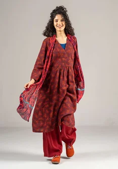 “Bodil” woven linen dress - aubergine/mønstret