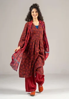 “Bodil” woven linen dress - aubergine/mønstret