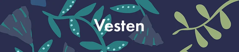 Een blauw dessin met de tekst 'Vesten' in het wit. 