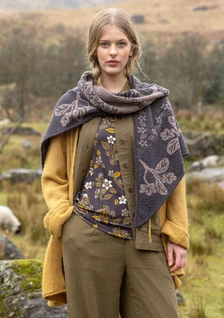 Châle fleuri "Hildur" en maille de laine - gris cendré foncé/chiné