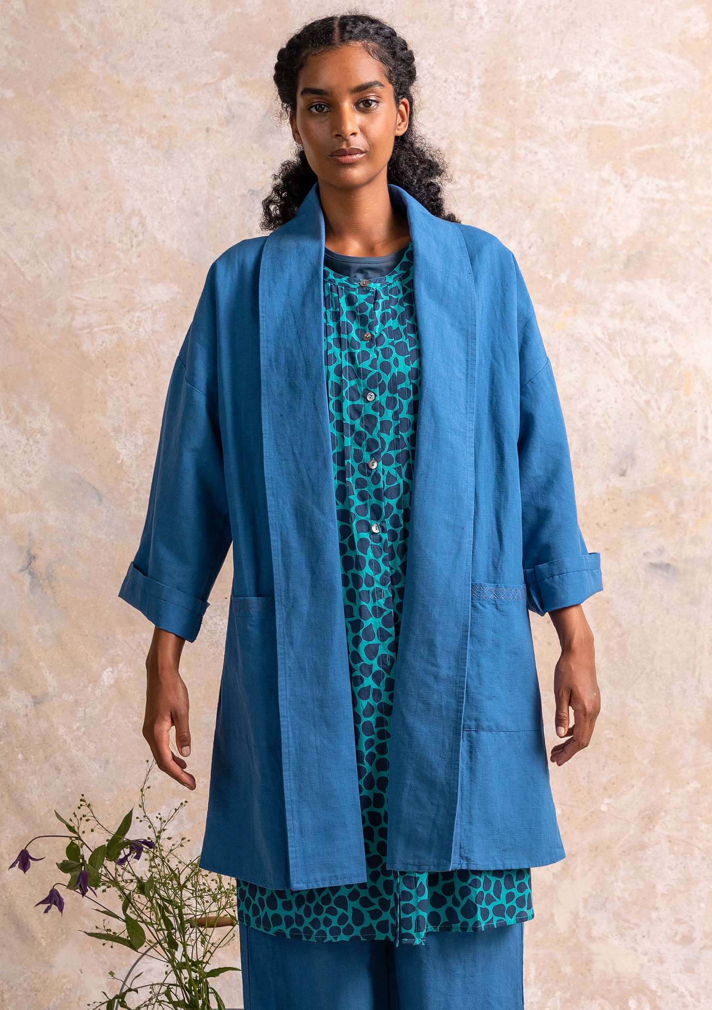 Veste kimono en coton biologique/lin bleu lin thumbnail