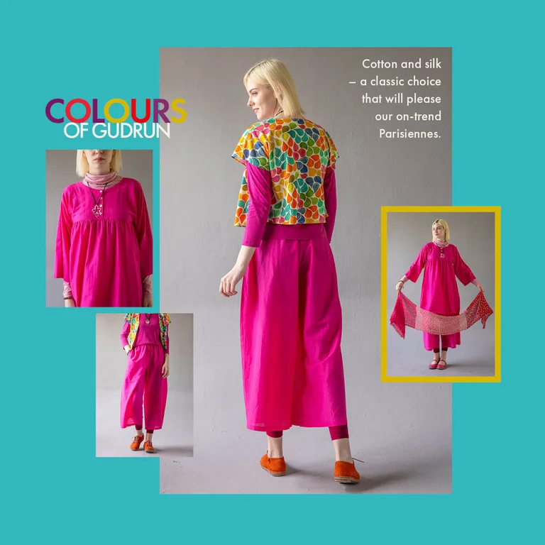 A collage with a turquoise background showing pictures of women wearing clothes from Gudrun Sjödén’s Paris collection. 