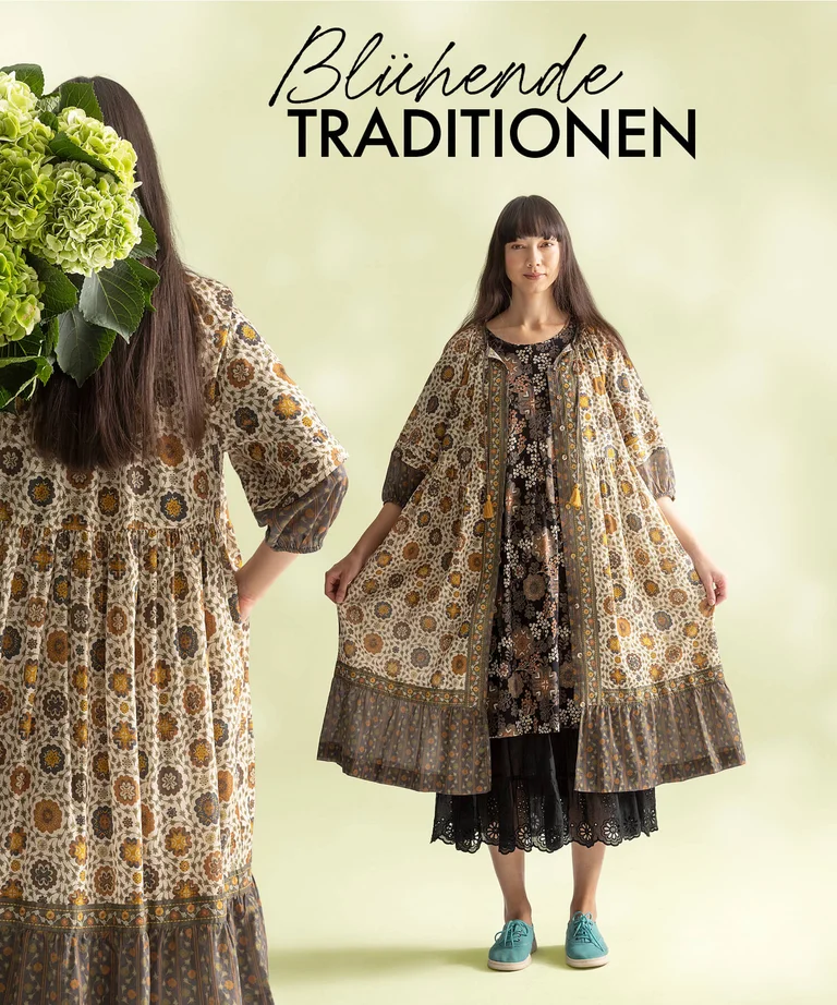 Ein Collage mit Bildern einer Frau im gemusterten braunen Kleid von Gudrun Sjödén.