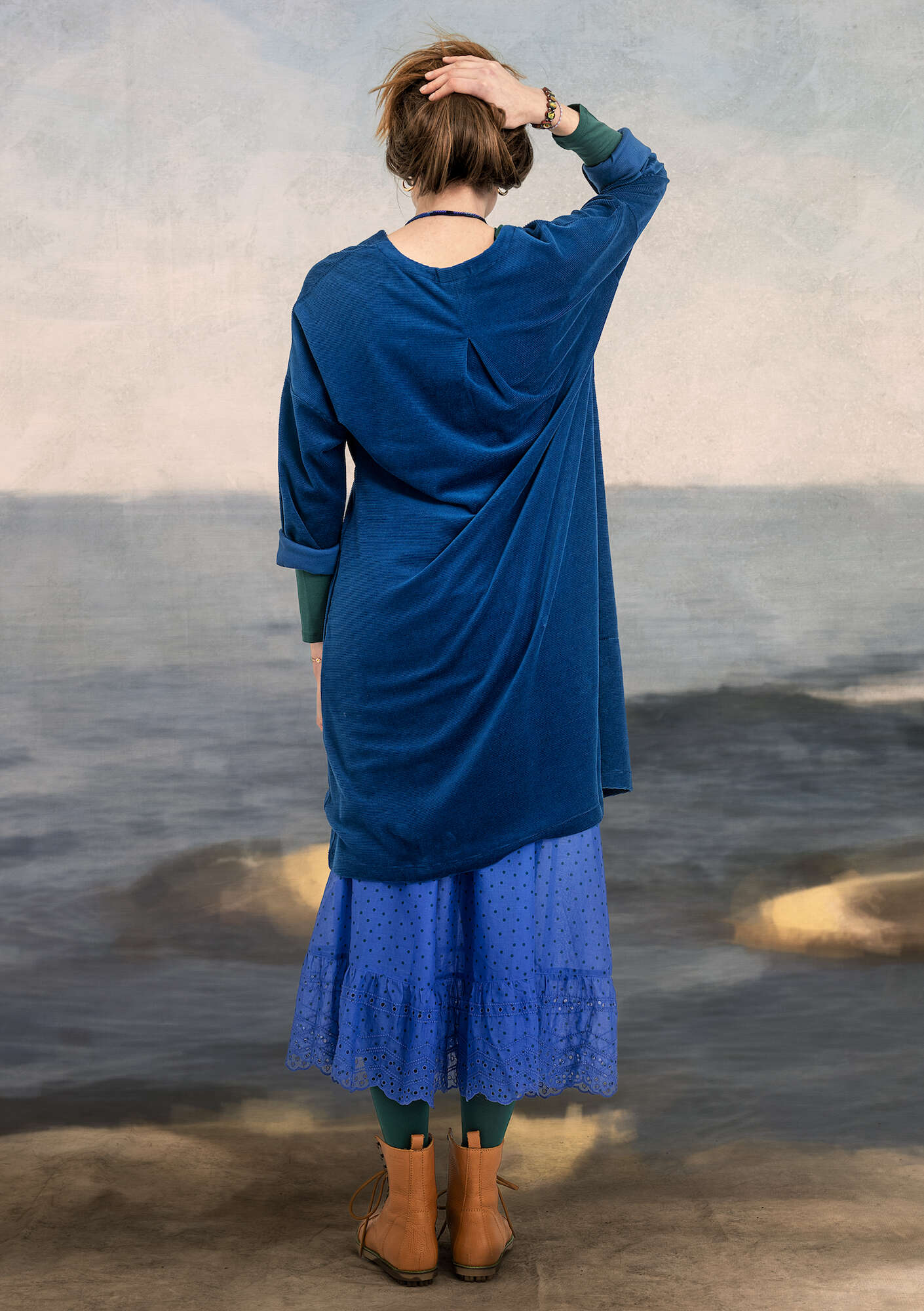 Velours jurk van biologisch katoen/gerecycled polyester/elastaan indigoblauw thumbnail