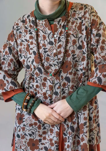 Gebloemde/effen blouse "Leah" van biologisch katoen - kastanje/dessin