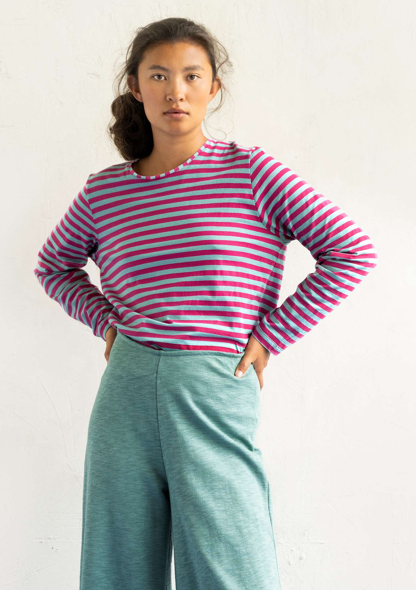 Organic cotton essential striped sweater hibiscus/jade thumbnail