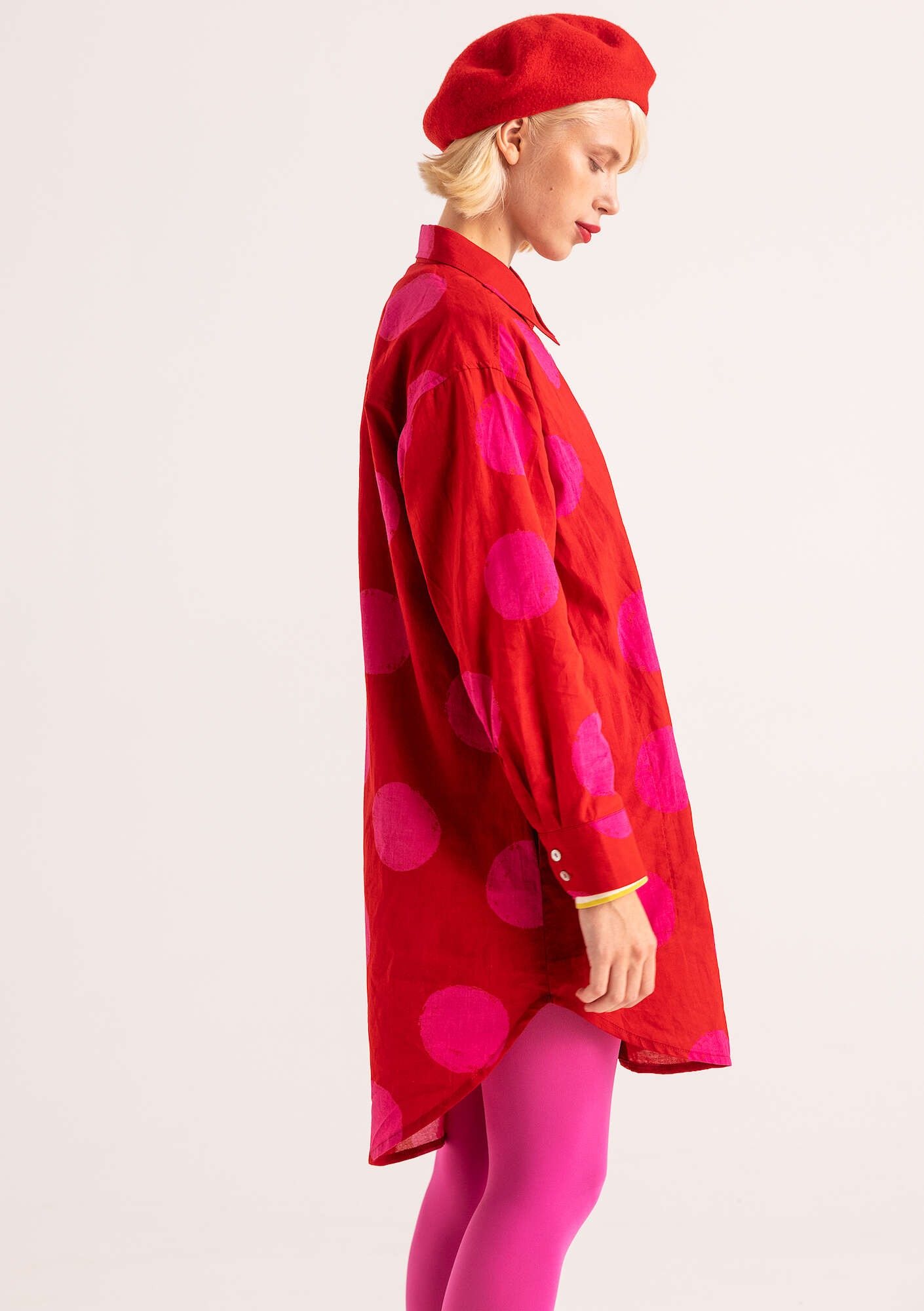 “Palette” organic cotton shirt dress parrot red/patterned