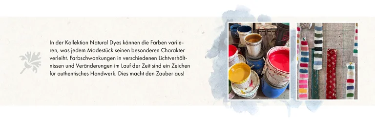 A collage with two different images of dye vats and fabric lengths in various colours. The collage also contains a geometric flower and kraft paper background.