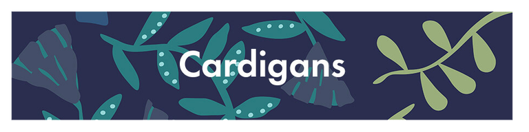 A blue pattern with the word “Cardigans” in white.