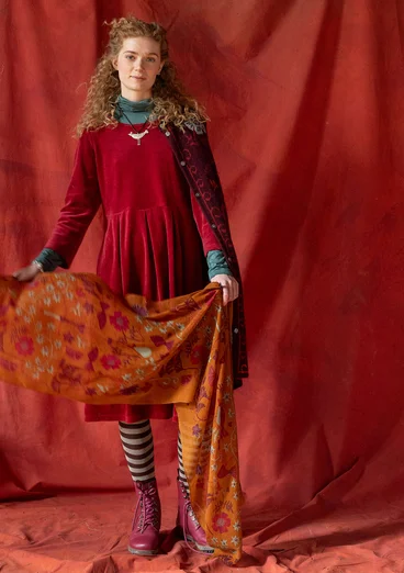 “Fyrverkeri” velour dress in organic cotton/recycled polyester - pomegranate