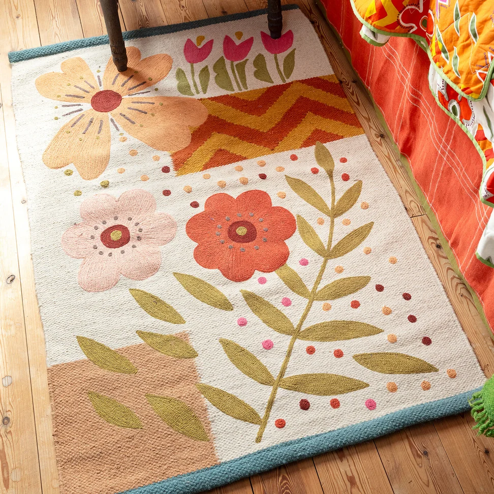 Tapis fleuri "Flora" en laine - multicolore