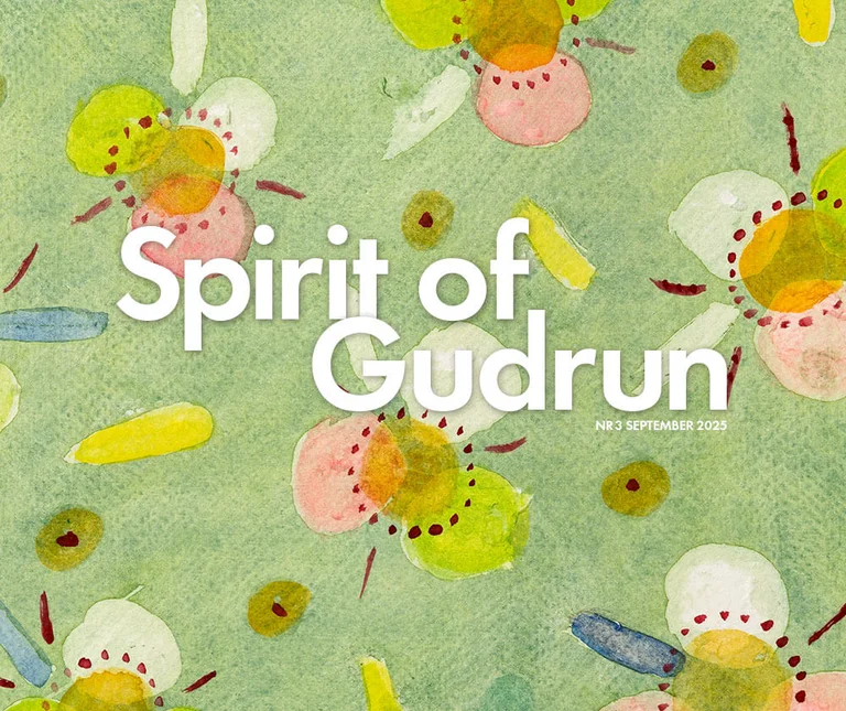 A green watercolour painting by Gudrun Sjödén with the words “Spirit of Gudrun”.