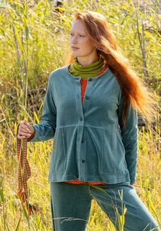 Solid-colour velour cardigan in organic cotton/recycled polyester - tea tree