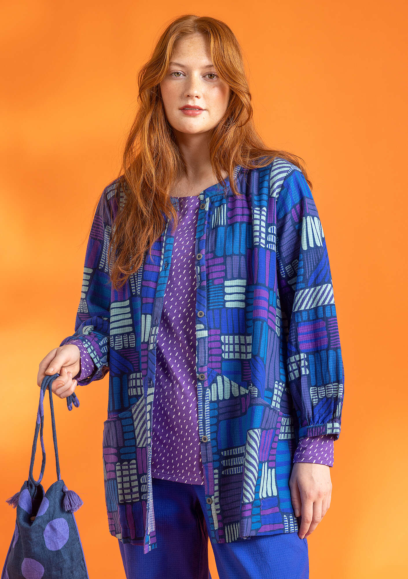 “Ruby” woven organic cotton dobby smock blouse indigo blue/patterned thumbnail