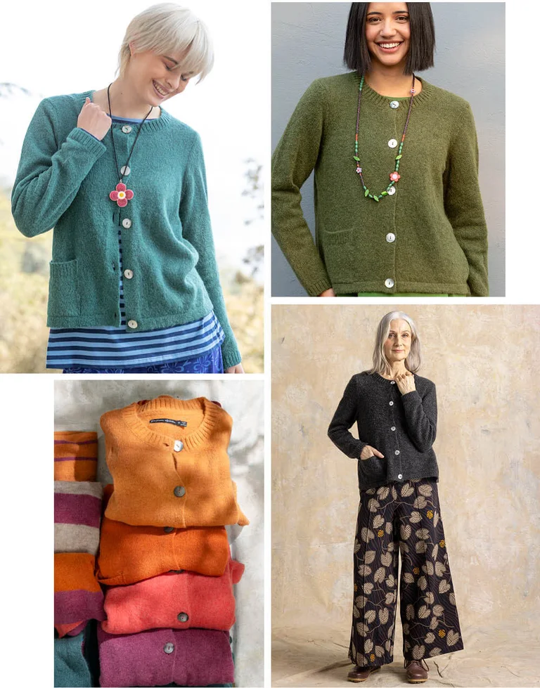 A collage of pictures of women wearing knitted cardigans from Gudrun Sjödén and a picture of a pile of folded cardigans.