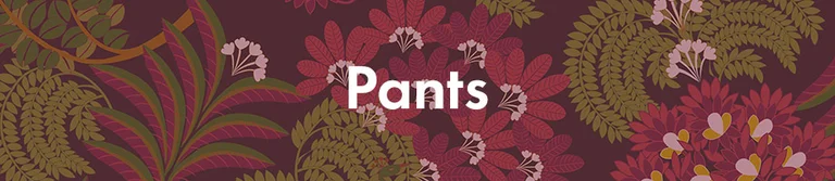 A red-yellow pattern with the word “trousers” in white. 