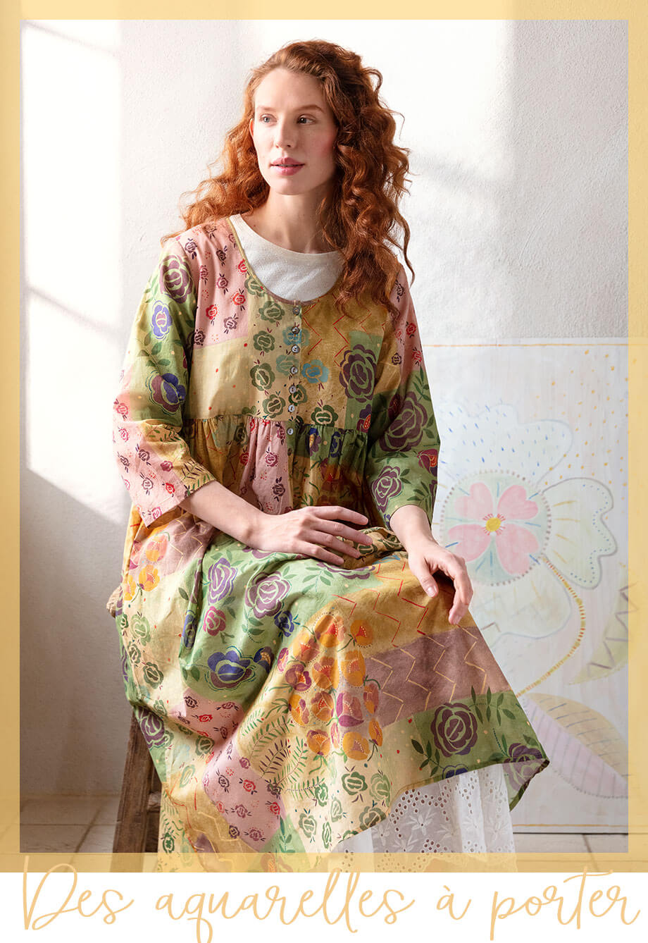 “Rosewood” woven dress in organic cotton in ochre