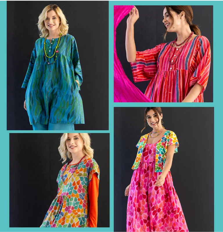 A collage of photos of women wearing colourful clothes from Gudrun Sjödén.